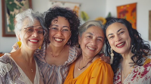 Photo four generations of women smile at the camera the youngest woman is in her early 20s and the oldest woman is in her late 70s