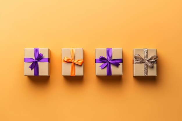 Four gift boxes with purple ribbons and one with a purple bow on a yellow background.