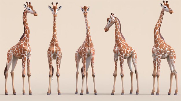 Photo four giraffes in different poses on a beige background the giraffes are all facing the left side of the image