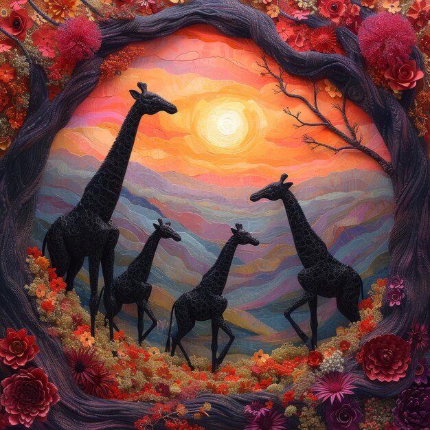 Four Giraffes In The Setting Sun