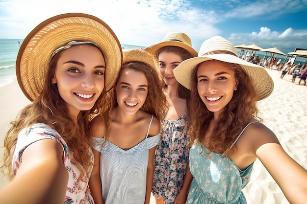 Four girls on a beach wearing hats