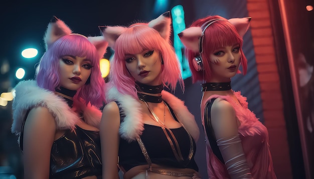 four girls in cat costumes stand in a street