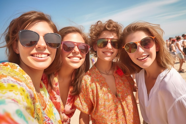 Four girls wearing sunglasses pose for a photo on a beach.