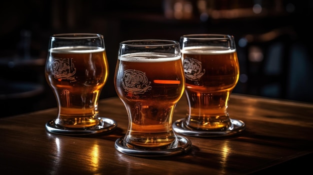 Four glasses of beer on a bar with the words'brewmaster'on the front.