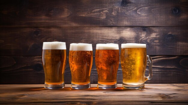 Four glasses of beer on a wooden background with copy space