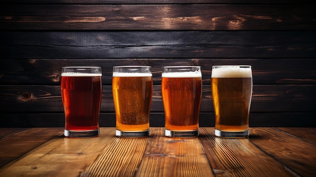 Four glasses of beer on a wooden background with copy space