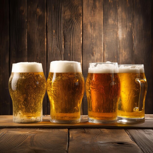 Four glasses of beer on a wooden background