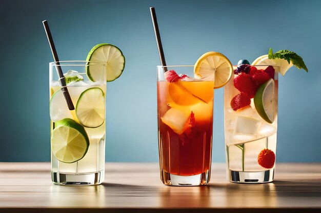 четыре стакана коктейлей, один из которых с фруктами, а другой с клубникой.
