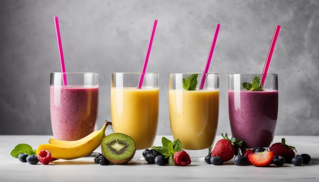 Four glasses of fruit smoothies with straws