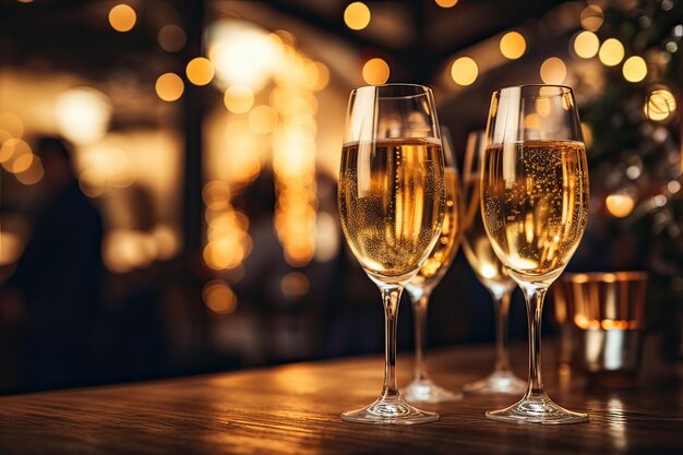 Four glasses with champagne on a wooden table no people bokeh background Celebration new year's toast concept Generative AI