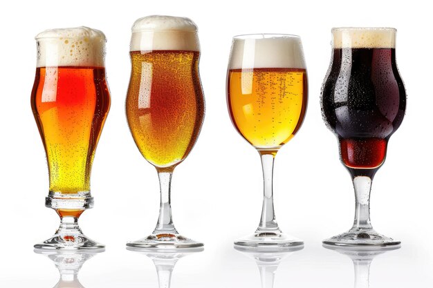 Four glasses with different beers on a white background The file contains a path to cut