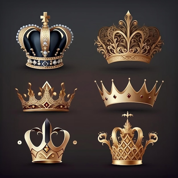 Four gold crowns with one that says " king " on it.