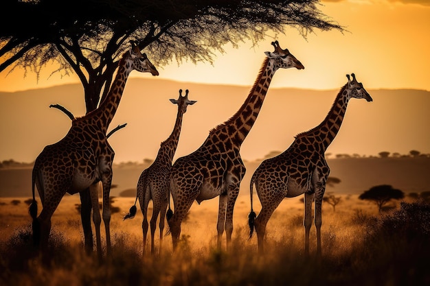 Four graceful giraffes gathered in the Kenyan savannah generative IA