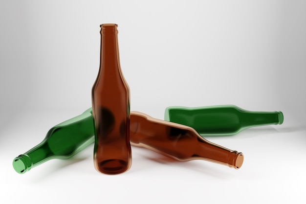 Photo four green and brown glass beer bottles on white isolated background