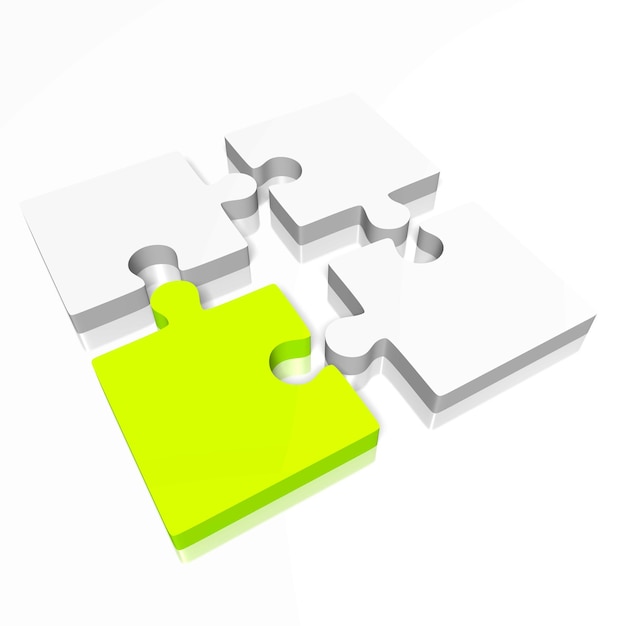 Four green and grey jigsaw puzzle pieces on white background solution concept 3D illustration