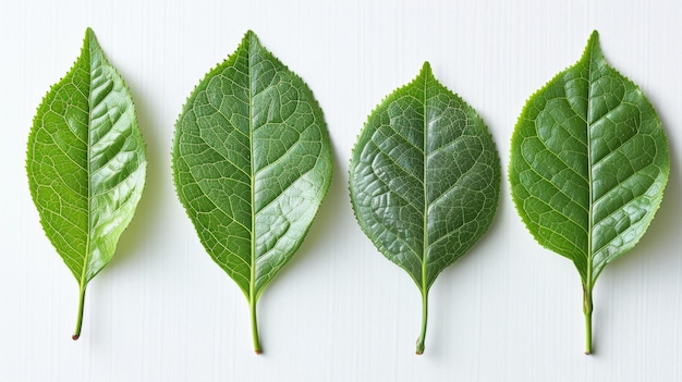 Four green leaves arranged in a row on a white background