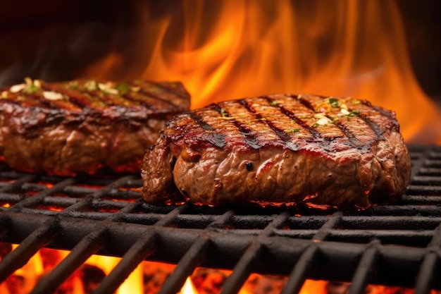 Four grillmarked burgers on flaming grill