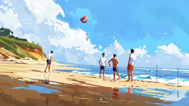 Four guys playing beach volleyball on a sunny day The blue sky is dotted with white clouds and the waves are crashing on the shore