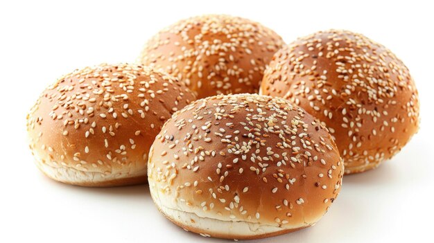 Four hamburger buns with sesame isolated on white background