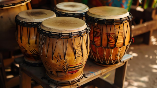 Foto quattro tamburi fatti a mano con diversi motivi si trovano su un tavolo di legno i tamburi sono fatti di legno e pelle e hanno una varietà di colori e disegni
