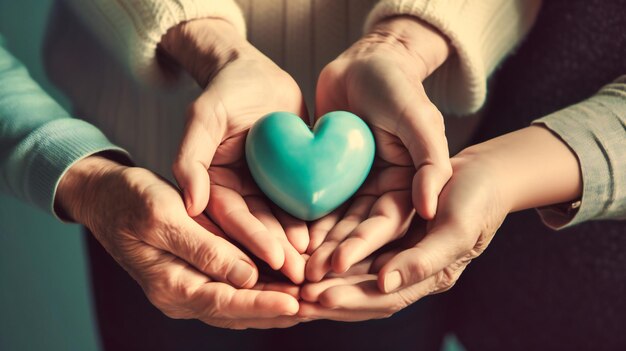 Four hands holding a blue heart