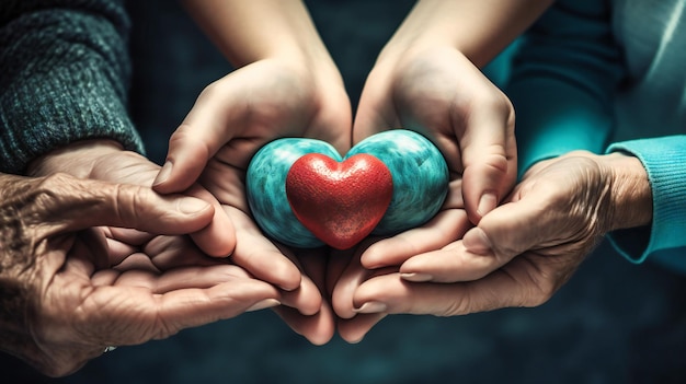 Photo four hands holding a red heart