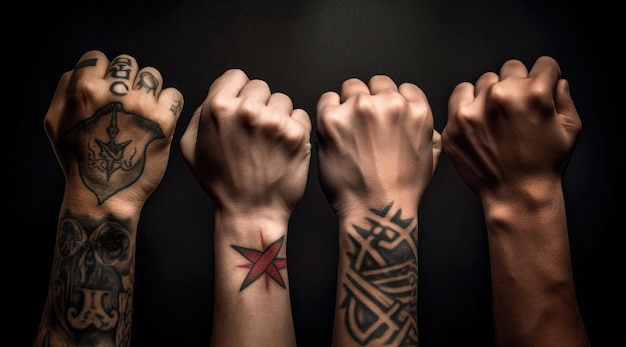 Four hands with one of them wearing a red star on the wrist