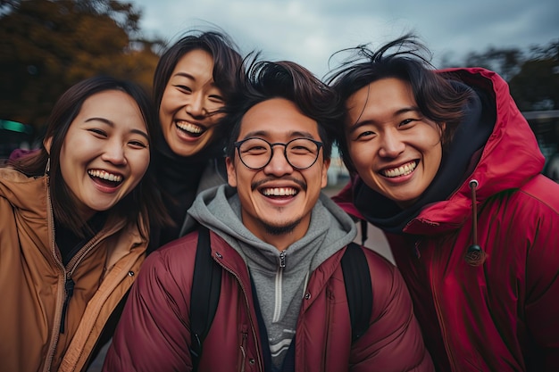 Four happy asian friends in its 30s enjoying themselves in the park