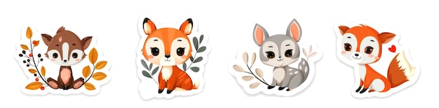 Four Happy Cartoon Woodland Animals Set on White Background for Childrens Books and Illustrations