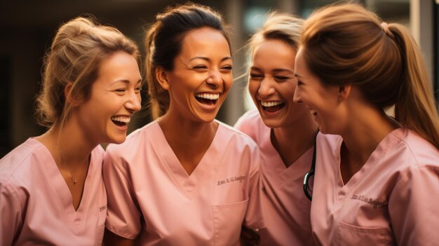 Photo four happy nurses laughing together