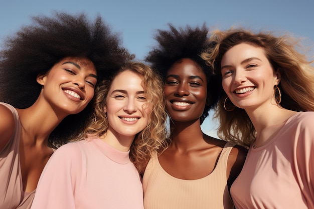 Four happy women on the beach in the style of bold curves