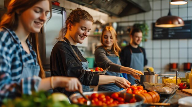 Four happy young people are cooking together in a commercial kitchen They are all wearing aprons and smiling There are two women and two men