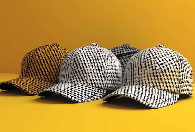 Four hats are lined up on a yellow background with one that says'the other '