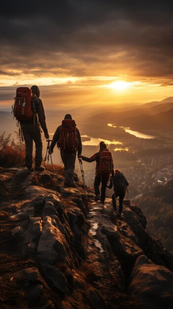 Foto quattro escursionisti in cima a una montagna rocciosa al tramonto