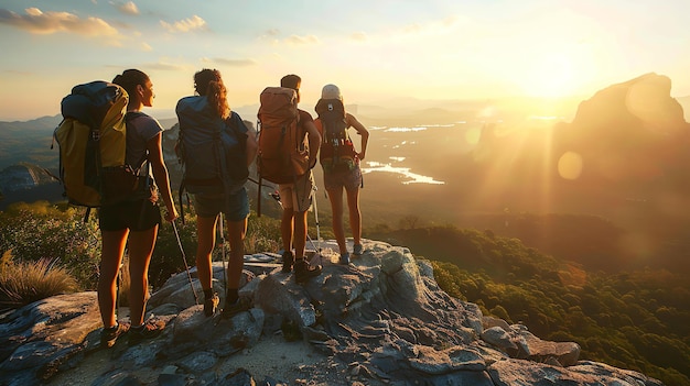 Four hikers stand on a mountaintop and gaze at the view The sun is setting behind them The sky is orange and the clouds are pink