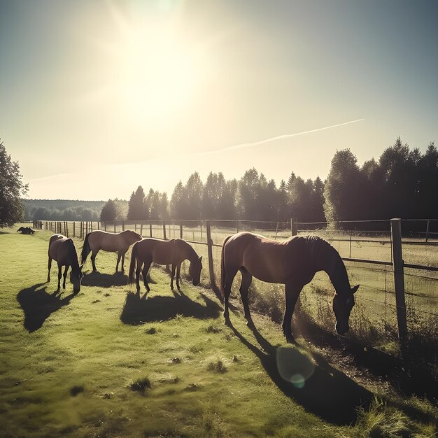 フェンスを背景に4頭の馬が野原で草を食んでいます。