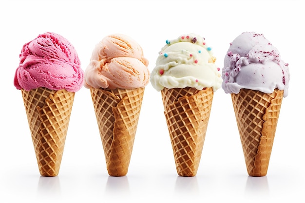 four ice cream cones with different colored ice cream cones
