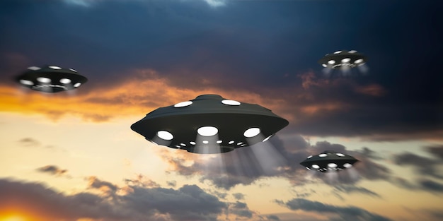 Four illuminated UFO on colorful dark sky background 3d illustration