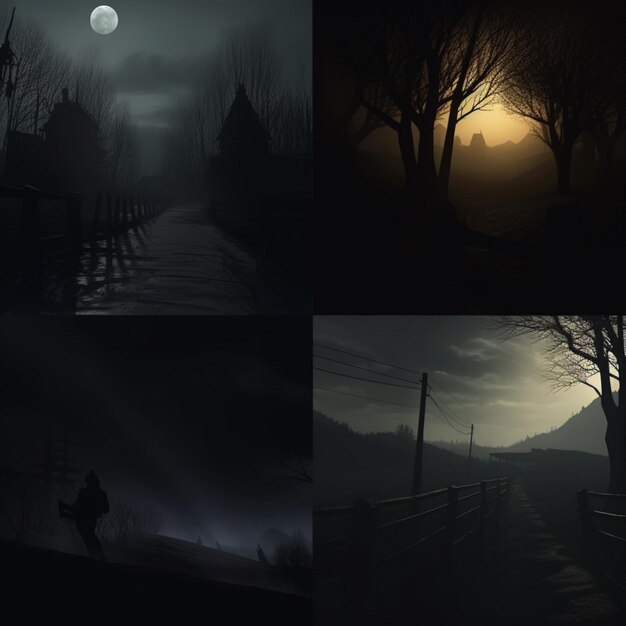 Four images of a dark landscape with a house in the background.