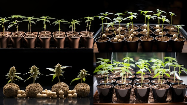 사진 성장의 다른 단계에 있는 대마초 식물의 네 개의 이미지