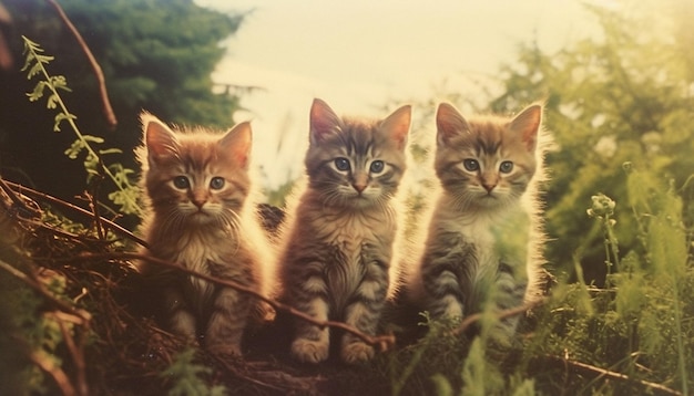 four kittens are standing in a field, one of which is a kitten.