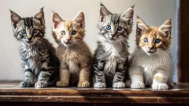 Four kittens sit on a table, one of which is the name of the cat.