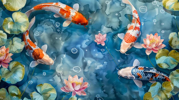 Фото Четыре рыбки-кой грациозно плавают в голубом пруду, украшенном красочными водяными лилиями