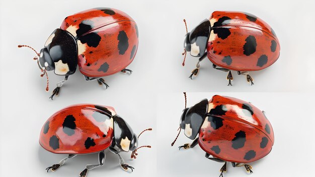 Photo four ladybugs in various poses on a white background perfect for study detailed illustration clear and vivid imagery ai