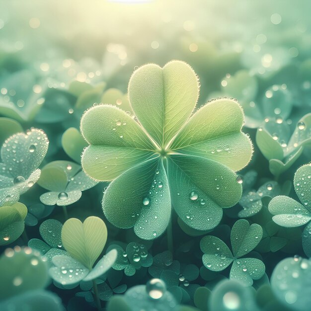 Four leaf clover with dew on green clover meadow background