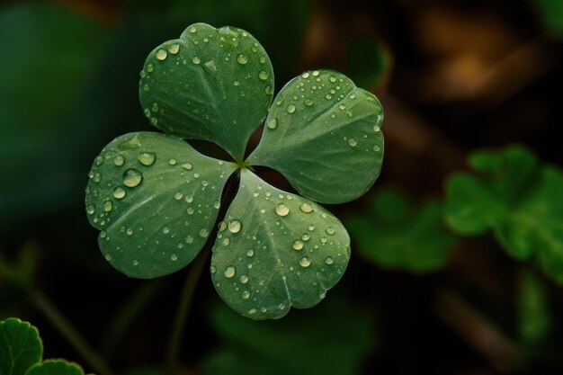 A four leaf clover with raindrops on the leaves.