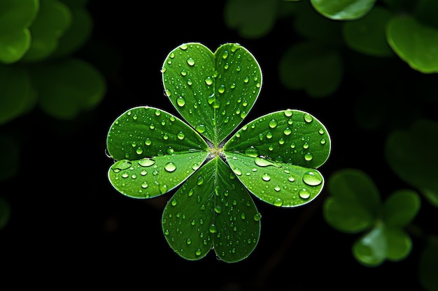 Photo a four leaf clover with water drops