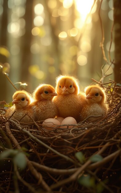 Foto quattro piccoli polli seduti in nido in mezzo alla foresta