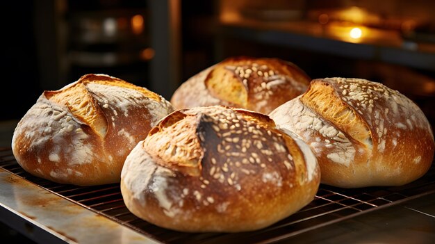 four loaves are sitting on a rack in the oven Generative AI