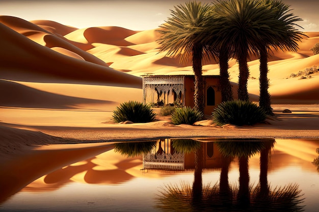 Four lonely trees in desert sand dunes grow by small house